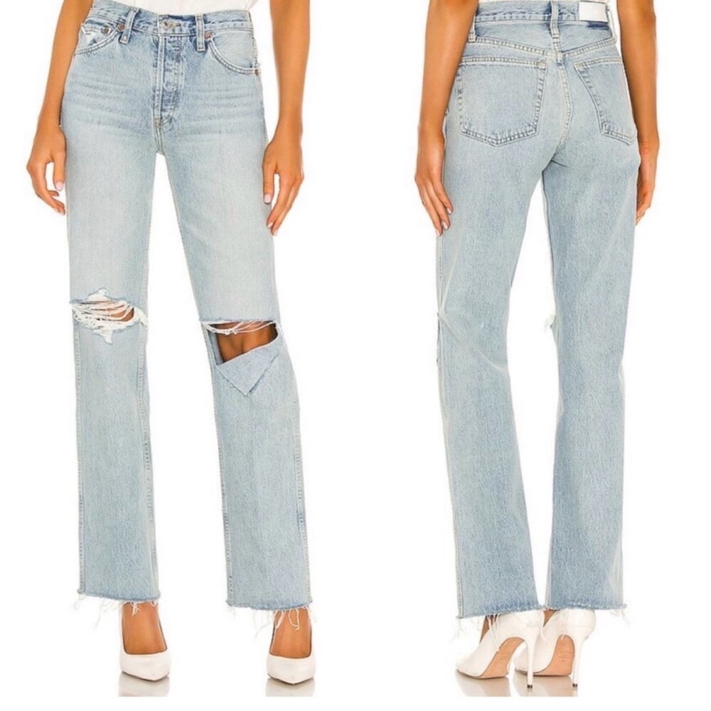Re/done Women’s Light Wash 90s High‎ Rise Loose Rip Knee Straight leg Jeans 31